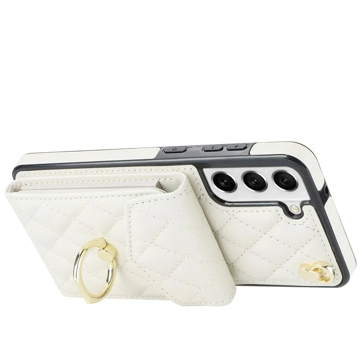 For Samsung Galaxy S21+ 5G Cell Phone Case Card Holder Ring Kickstand PU+TPU Anti-scratch Cover