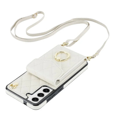 For Samsung Galaxy S21+ 5G Cell Phone Case Card Holder Ring Kickstand PU+TPU Anti-scratch Cover