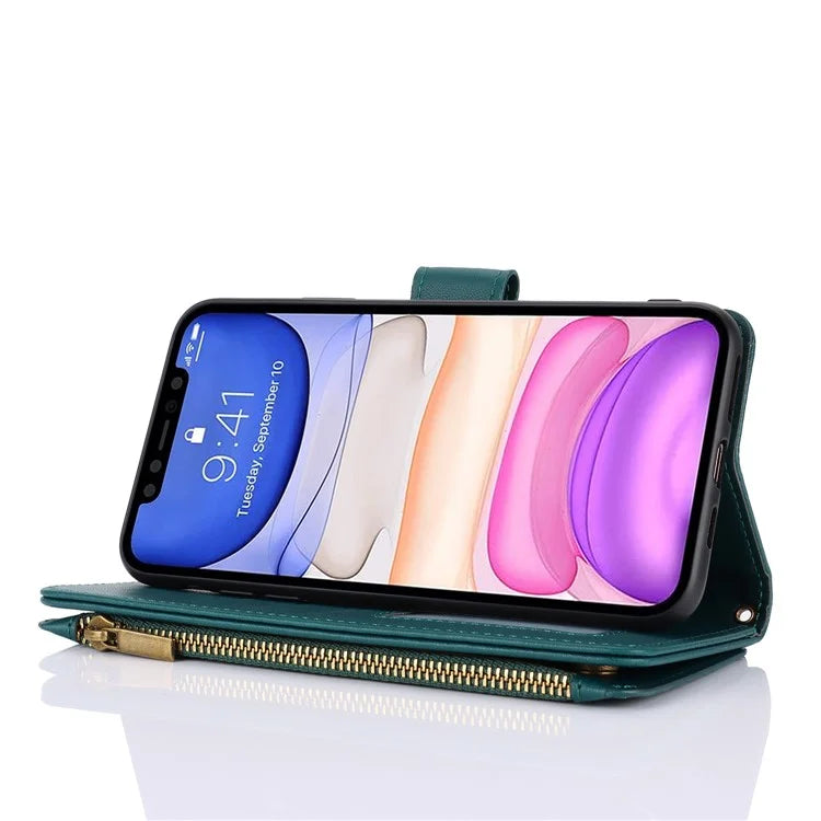 Cell Phone Case for iPhone 11 Card Slots PU Leather Cover with Zipper Pocket
