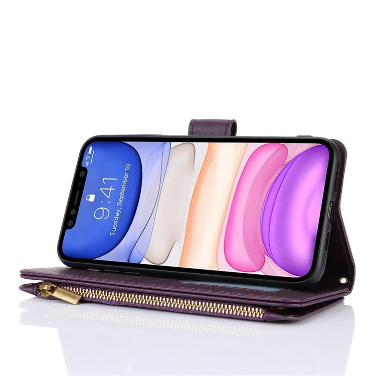 Cell Phone Case for iPhone 11 Card Slots PU Leather Cover with Zipper Pocket