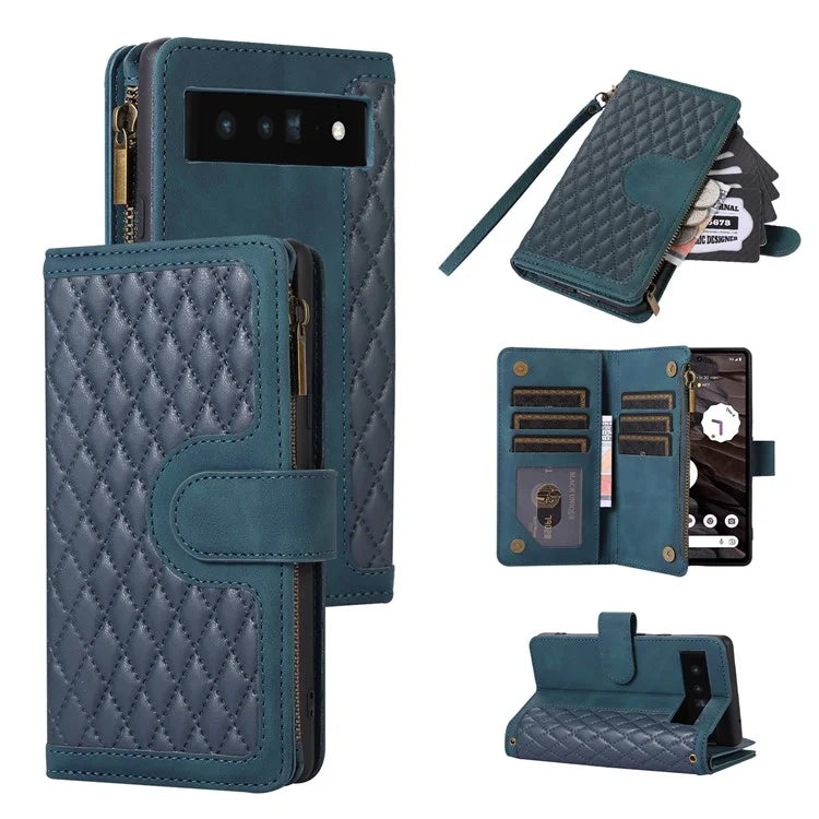For Google Pixel 6 Pro 5G Magnetic Case Rhombus Imprint Leather Flip Stand Cover with Wrist strap