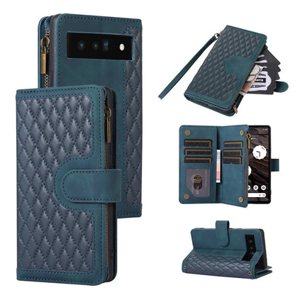 For Google Pixel 6 Pro 5G Magnetic Case Rhombus Imprint Leather Flip Stand Cover with Wrist strap