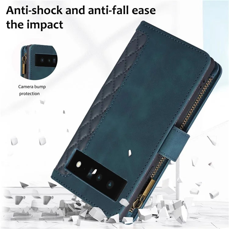 For Google Pixel 6 Pro 5G Magnetic Case Rhombus Imprint Leather Flip Stand Cover with Wrist strap