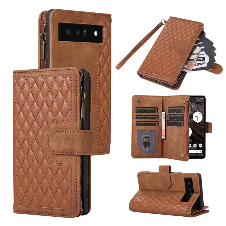 For Google Pixel 6 Pro 5G Magnetic Case Rhombus Imprint Leather Flip Stand Cover with Wrist strap
