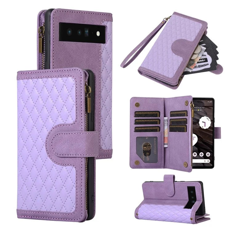 For Google Pixel 6 Pro 5G Magnetic Case Rhombus Imprint Leather Flip Stand Cover with Wrist strap