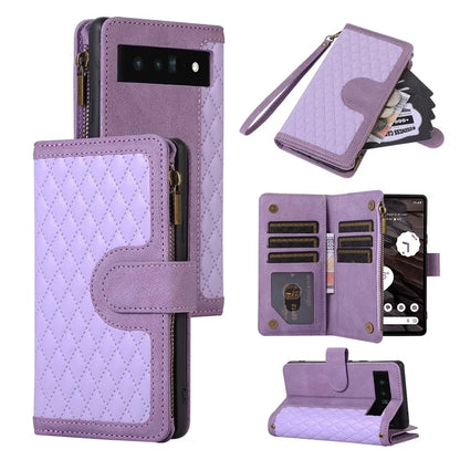 For Google Pixel 6 Pro 5G Magnetic Case Rhombus Imprint Leather Flip Stand Cover with Wrist strap