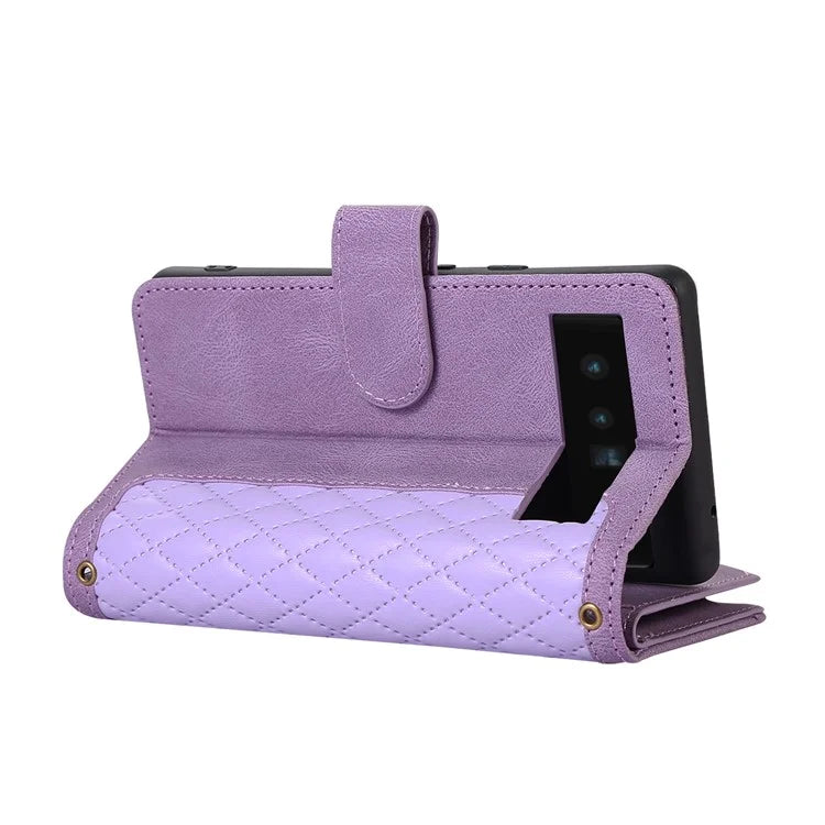 For Google Pixel 6 Pro 5G Magnetic Case Rhombus Imprint Leather Flip Stand Cover with Wrist strap