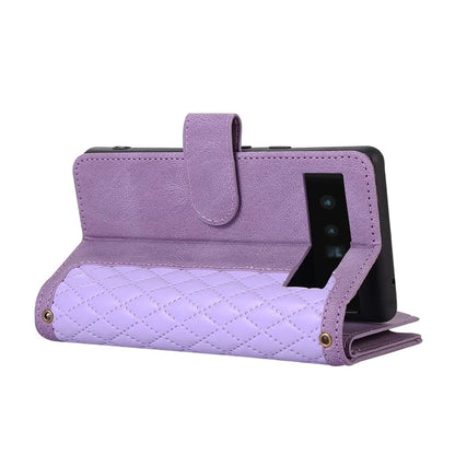For Google Pixel 6 Pro 5G Magnetic Case Rhombus Imprint Leather Flip Stand Cover with Wrist strap