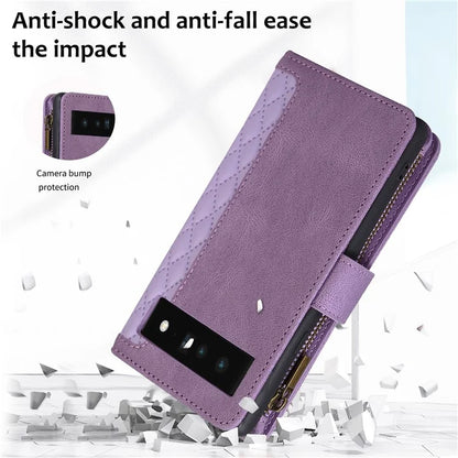 For Google Pixel 6 Pro 5G Magnetic Case Rhombus Imprint Leather Flip Stand Cover with Wrist strap