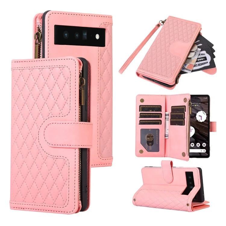 For Google Pixel 6 Pro 5G Magnetic Case Rhombus Imprint Leather Flip Stand Cover with Wrist strap