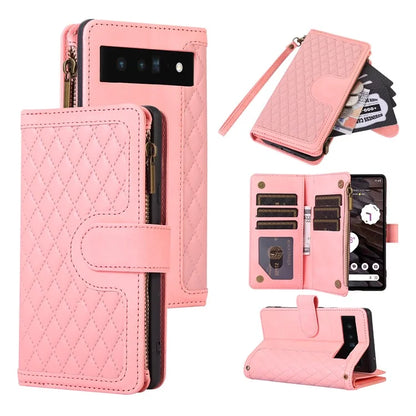 For Google Pixel 6 Pro 5G Magnetic Case Rhombus Imprint Leather Flip Stand Cover with Wrist strap