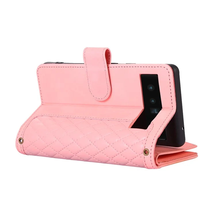 For Google Pixel 6 Pro 5G Magnetic Case Rhombus Imprint Leather Flip Stand Cover with Wrist strap