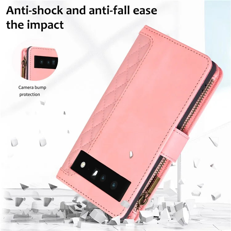For Google Pixel 6 Pro 5G Magnetic Case Rhombus Imprint Leather Flip Stand Cover with Wrist strap