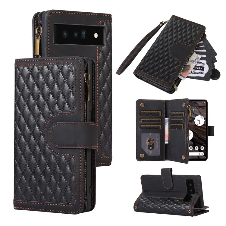 For Google Pixel 6 Pro 5G Magnetic Case Rhombus Imprint Leather Flip Stand Cover with Wrist strap