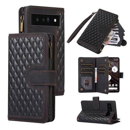 For Google Pixel 6 Pro 5G Magnetic Case Rhombus Imprint Leather Flip Stand Cover with Wrist strap