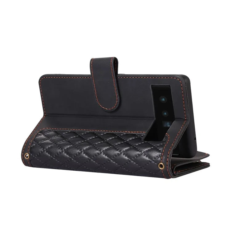 For Google Pixel 6 Pro 5G Magnetic Case Rhombus Imprint Leather Flip Stand Cover with Wrist strap