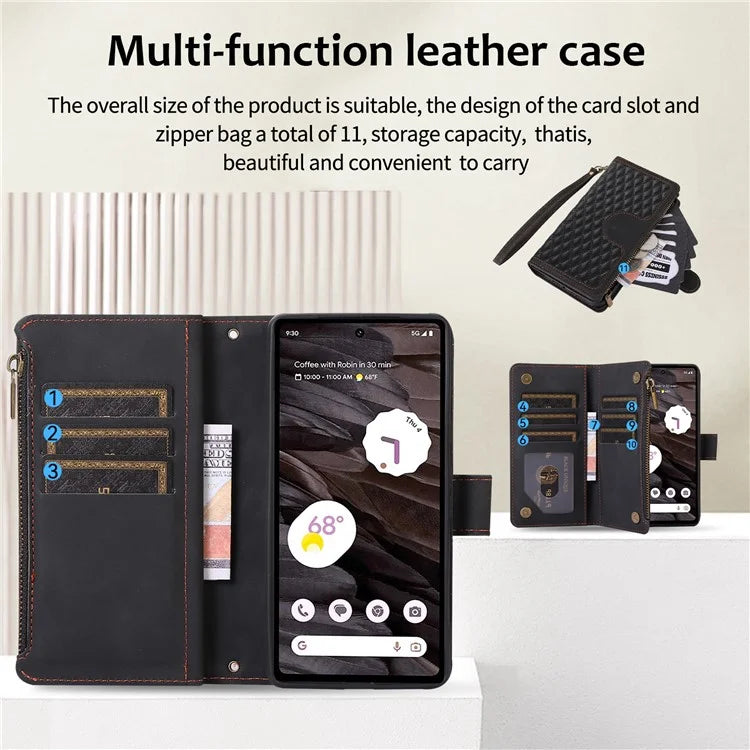 For Google Pixel 6 Pro 5G Magnetic Case Rhombus Imprint Leather Flip Stand Cover with Wrist strap