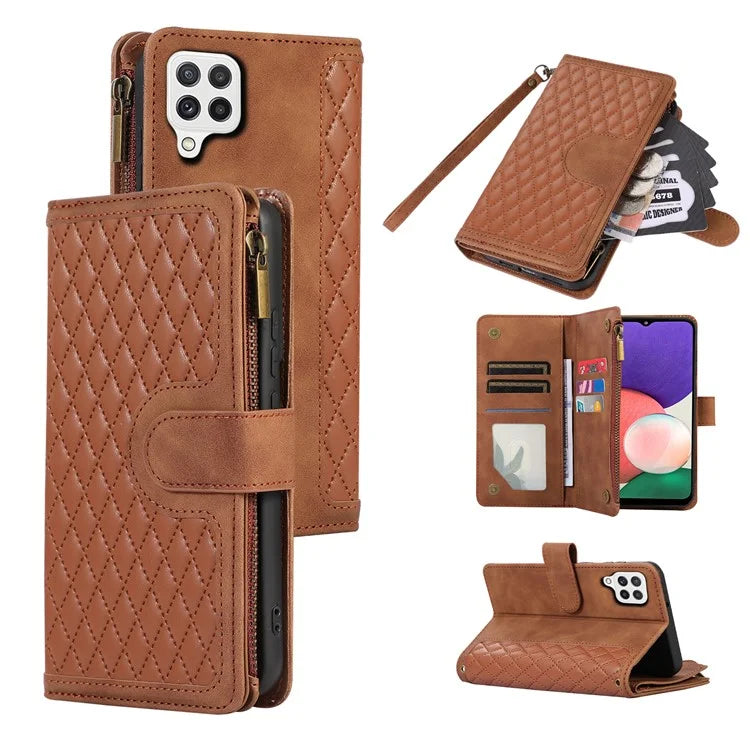 For Samsung Galaxy A12 Cell Phone Case 9 Card Slots Zipper Pocket Anti-scratch Leather Cover