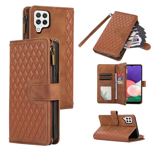 For Samsung Galaxy A12 Cell Phone Case 9 Card Slots Zipper Pocket Anti-scratch Leather Cover