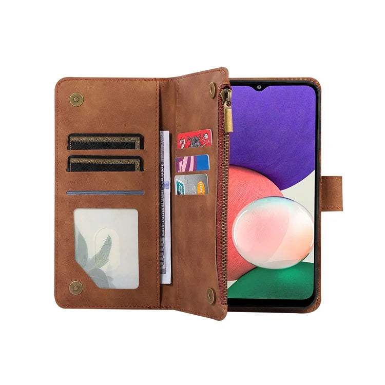 For Samsung Galaxy A12 Cell Phone Case 9 Card Slots Zipper Pocket Anti-scratch Leather Cover