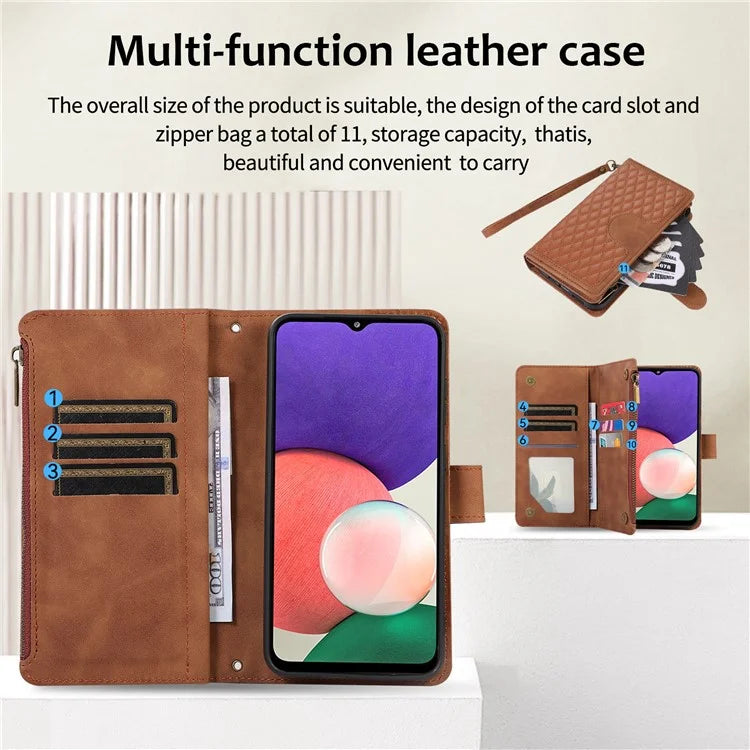 For Samsung Galaxy A12 Cell Phone Case 9 Card Slots Zipper Pocket Anti-scratch Leather Cover