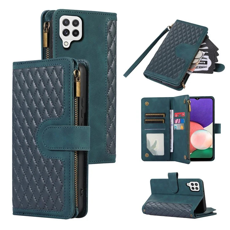 For Samsung Galaxy A12 Cell Phone Case 9 Card Slots Zipper Pocket Anti-scratch Leather Cover