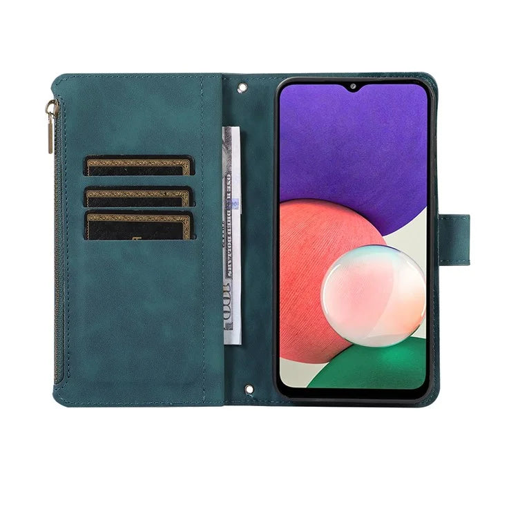 For Samsung Galaxy A12 Cell Phone Case 9 Card Slots Zipper Pocket Anti-scratch Leather Cover