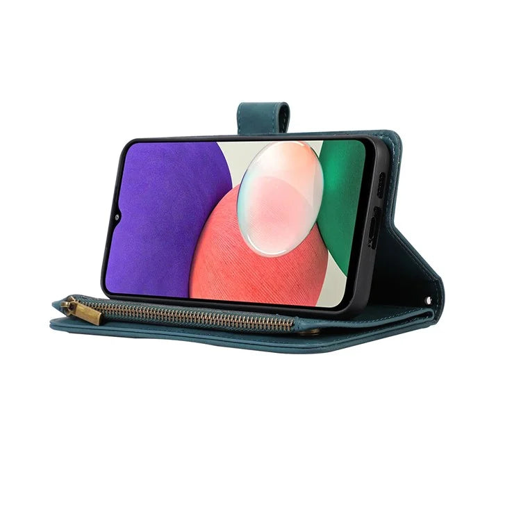 For Samsung Galaxy A12 Cell Phone Case 9 Card Slots Zipper Pocket Anti-scratch Leather Cover