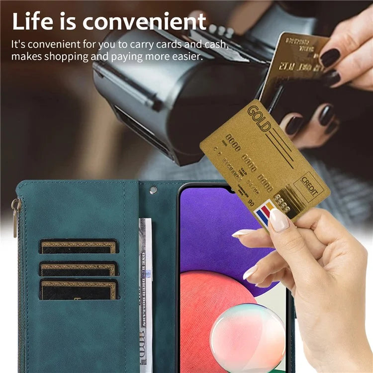 For Samsung Galaxy A12 Cell Phone Case 9 Card Slots Zipper Pocket Anti-scratch Leather Cover