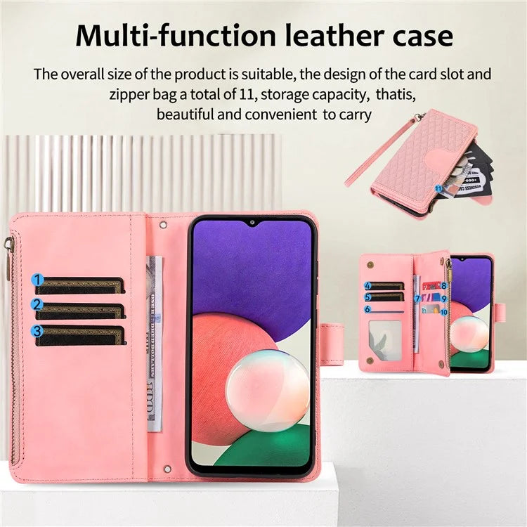 For Samsung Galaxy A12 Cell Phone Case 9 Card Slots Zipper Pocket Anti-scratch Leather Cover