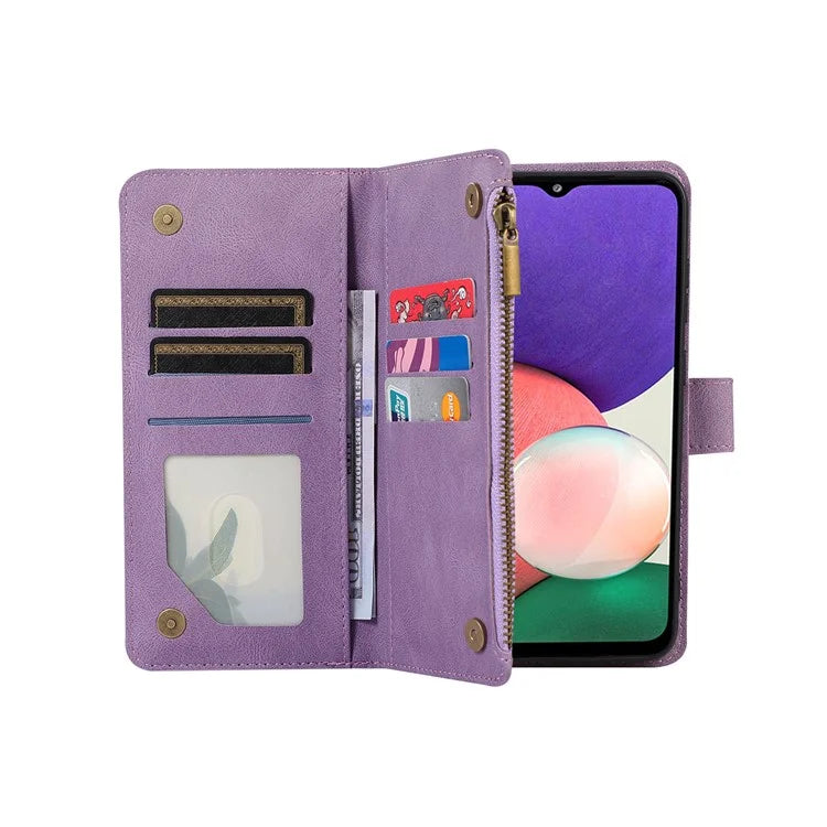 For Samsung Galaxy A12 Cell Phone Case 9 Card Slots Zipper Pocket Anti-scratch Leather Cover