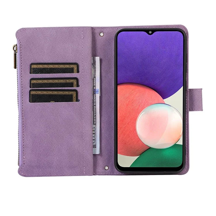 For Samsung Galaxy A12 Cell Phone Case 9 Card Slots Zipper Pocket Anti-scratch Leather Cover
