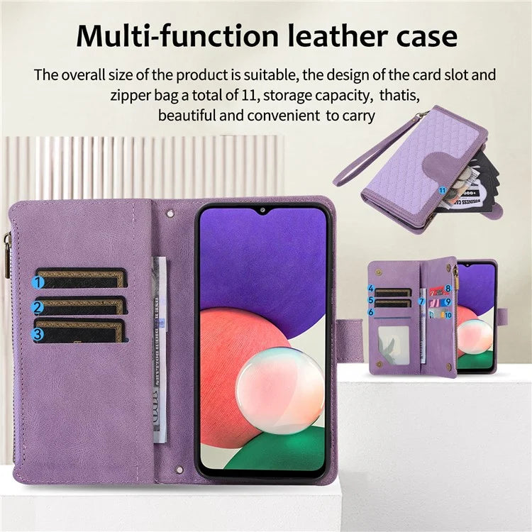 For Samsung Galaxy A12 Cell Phone Case 9 Card Slots Zipper Pocket Anti-scratch Leather Cover