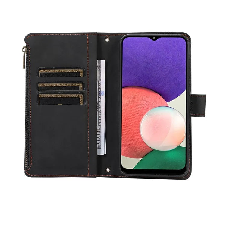 For Samsung Galaxy A12 Cell Phone Case 9 Card Slots Zipper Pocket Anti-scratch Leather Cover