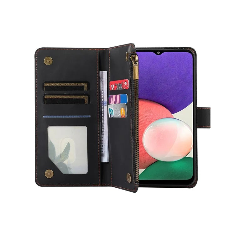 For Samsung Galaxy A12 Cell Phone Case 9 Card Slots Zipper Pocket Anti-scratch Leather Cover