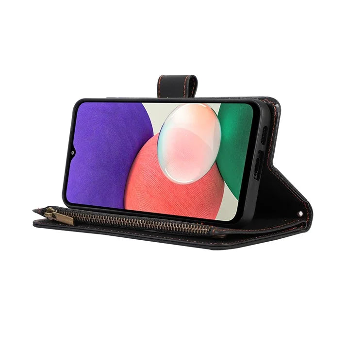 For Samsung Galaxy A12 Cell Phone Case 9 Card Slots Zipper Pocket Anti-scratch Leather Cover