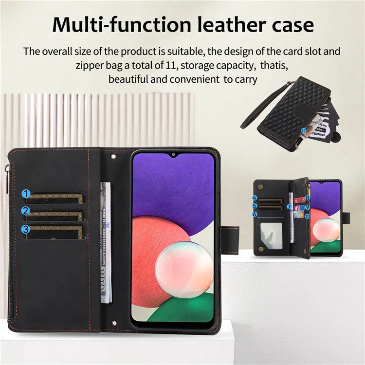 For Samsung Galaxy A12 Cell Phone Case 9 Card Slots Zipper Pocket Anti-scratch Leather Cover