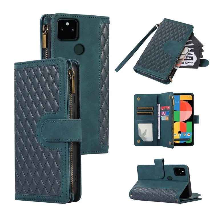 For Google Pixel 5a 5G Magnetic Phone Case PU Leather Zipper Pocket Cover with 9 Card Slots