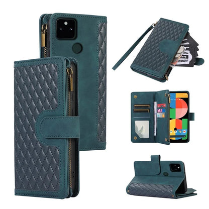 For Google Pixel 5a 5G Magnetic Phone Case PU Leather Zipper Pocket Cover with 9 Card Slots