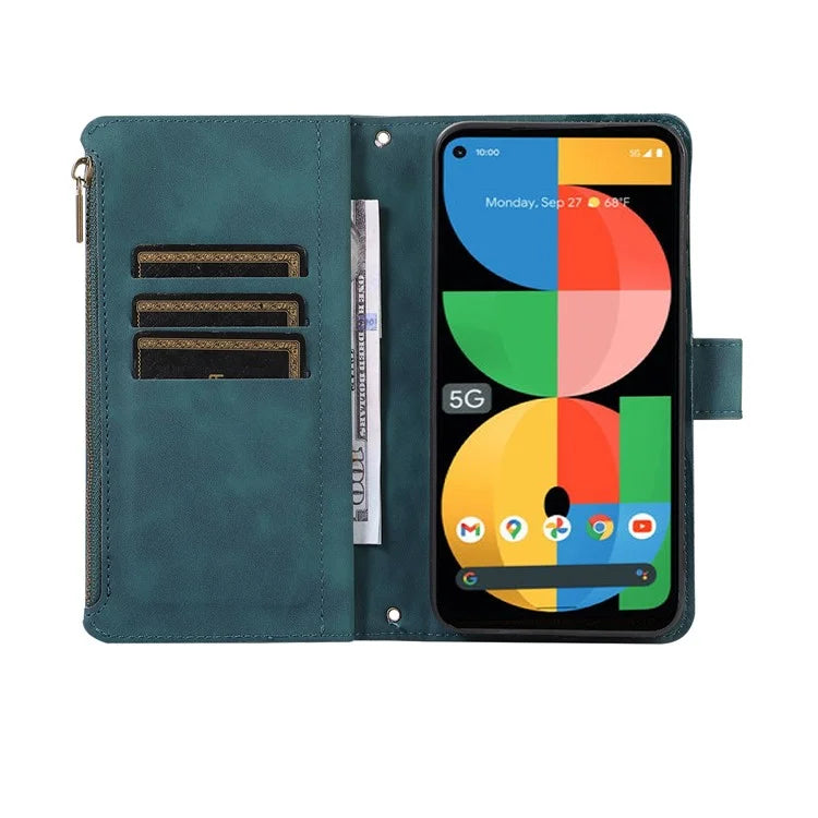 For Google Pixel 5a 5G Magnetic Phone Case PU Leather Zipper Pocket Cover with 9 Card Slots