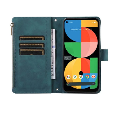 For Google Pixel 5a 5G Magnetic Phone Case PU Leather Zipper Pocket Cover with 9 Card Slots