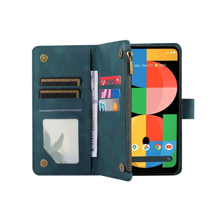 For Google Pixel 5a 5G Magnetic Phone Case PU Leather Zipper Pocket Cover with 9 Card Slots