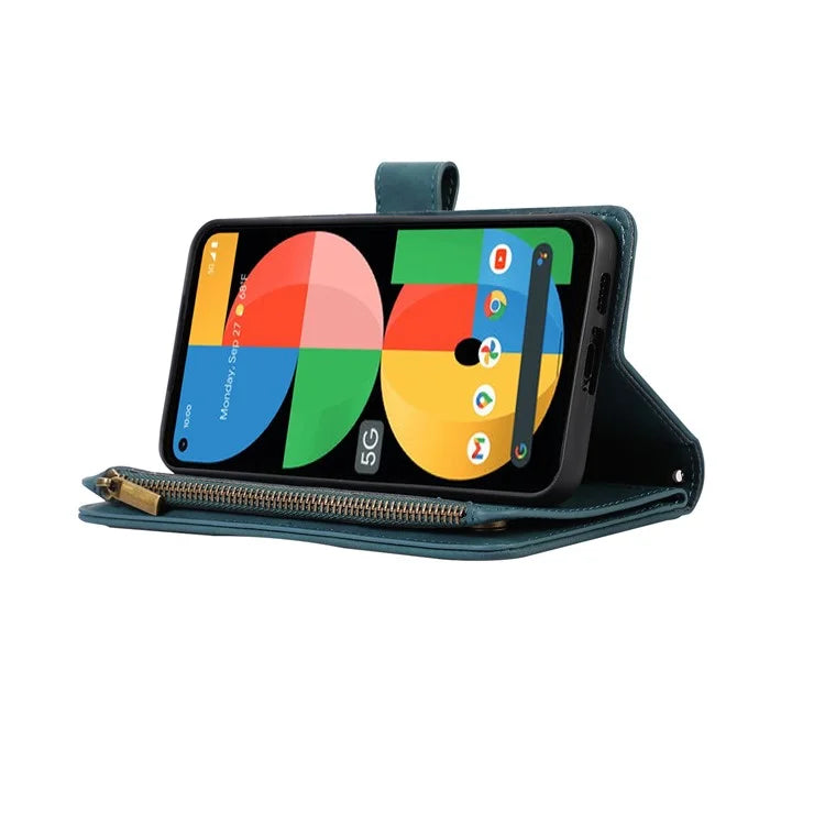 For Google Pixel 5a 5G Magnetic Phone Case PU Leather Zipper Pocket Cover with 9 Card Slots