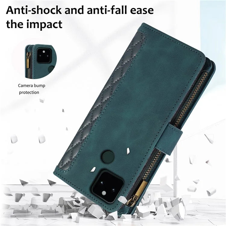 For Google Pixel 5a 5G Magnetic Phone Case PU Leather Zipper Pocket Cover with 9 Card Slots