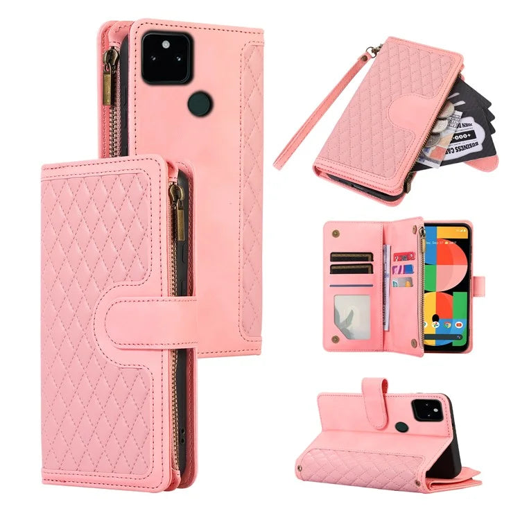 For Google Pixel 5a 5G Magnetic Phone Case PU Leather Zipper Pocket Cover with 9 Card Slots