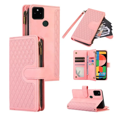 For Google Pixel 5a 5G Magnetic Phone Case PU Leather Zipper Pocket Cover with 9 Card Slots