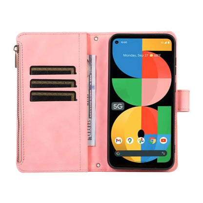 For Google Pixel 5a 5G Magnetic Phone Case PU Leather Zipper Pocket Cover with 9 Card Slots