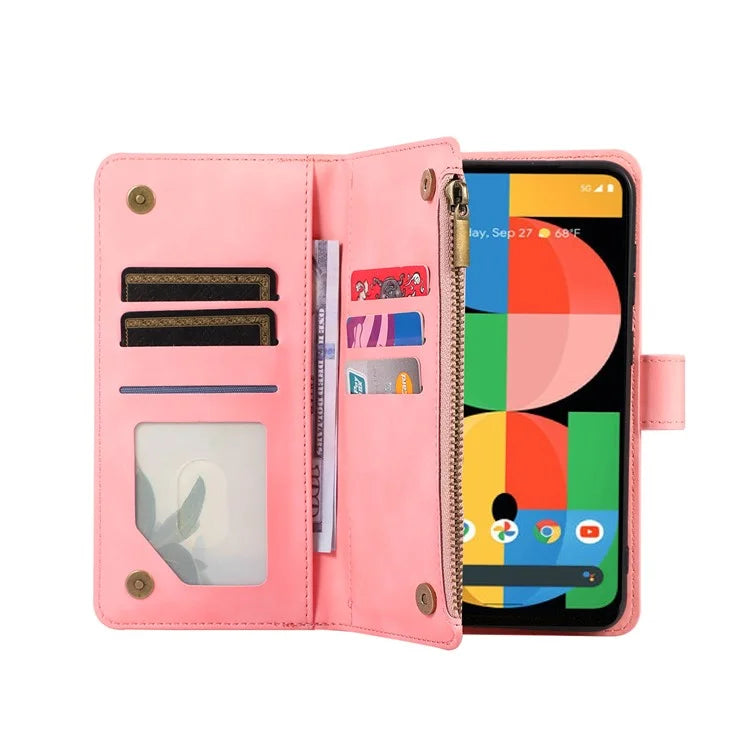 For Google Pixel 5a 5G Magnetic Phone Case PU Leather Zipper Pocket Cover with 9 Card Slots