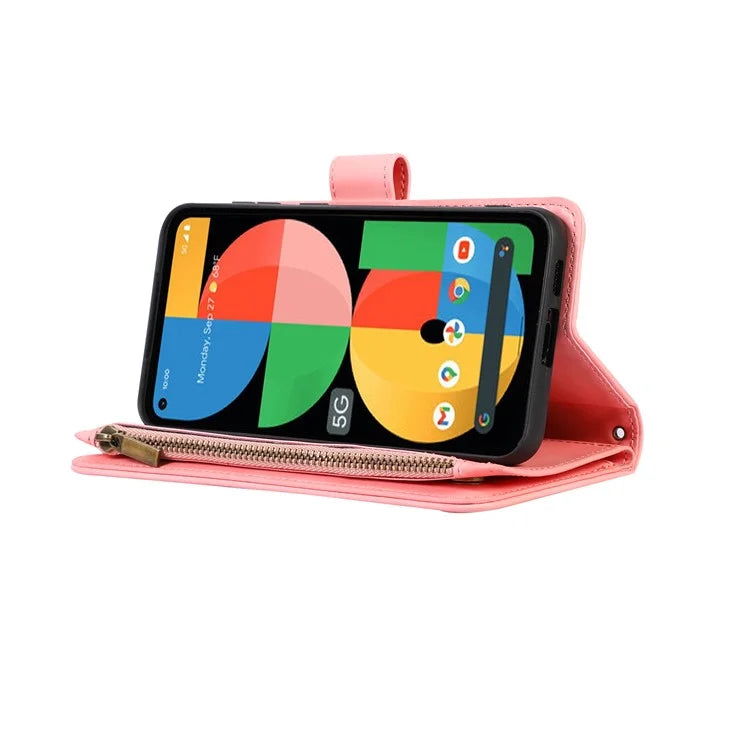 For Google Pixel 5a 5G Magnetic Phone Case PU Leather Zipper Pocket Cover with 9 Card Slots