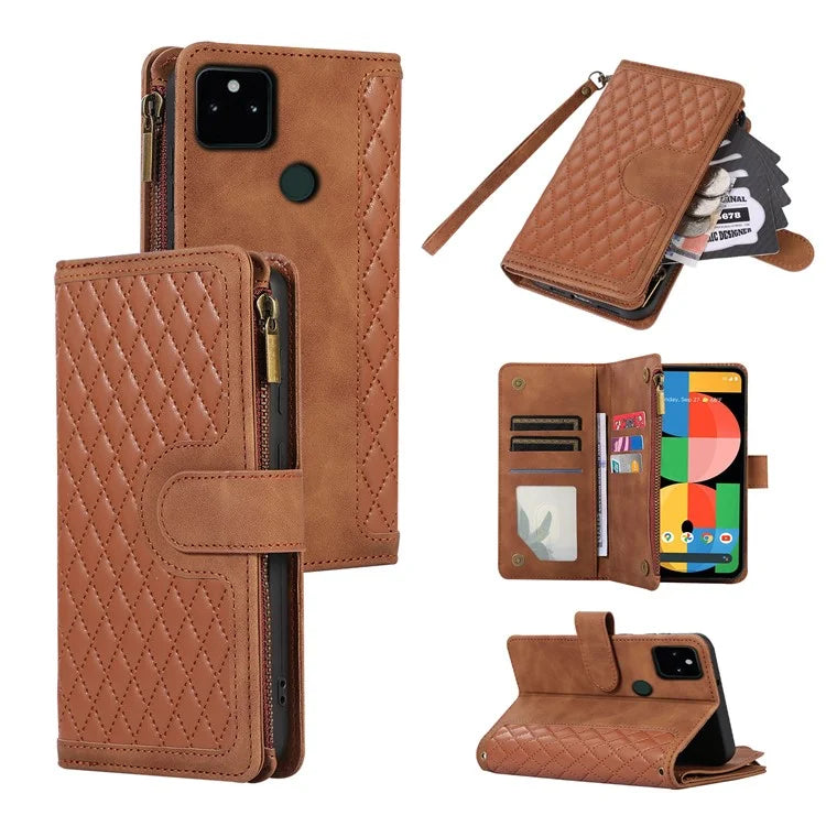 For Google Pixel 5a 5G Magnetic Phone Case PU Leather Zipper Pocket Cover with 9 Card Slots